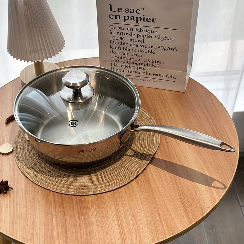 [Experiencia noble] 304 olla de acero inoxidable no recubierto sartén antiadherente wok plano pequeño wok sartén de nieve olla de sopa