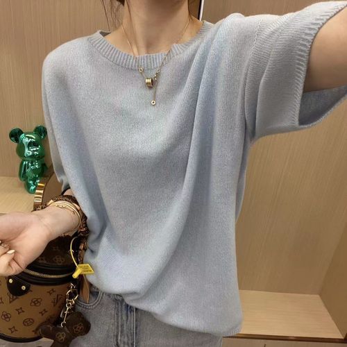 High-end Round Neck Thin Knit Basic Top Summer New Arrival Trendy Hot Selling European Style Pink Short Sleeve T-shirt for Women