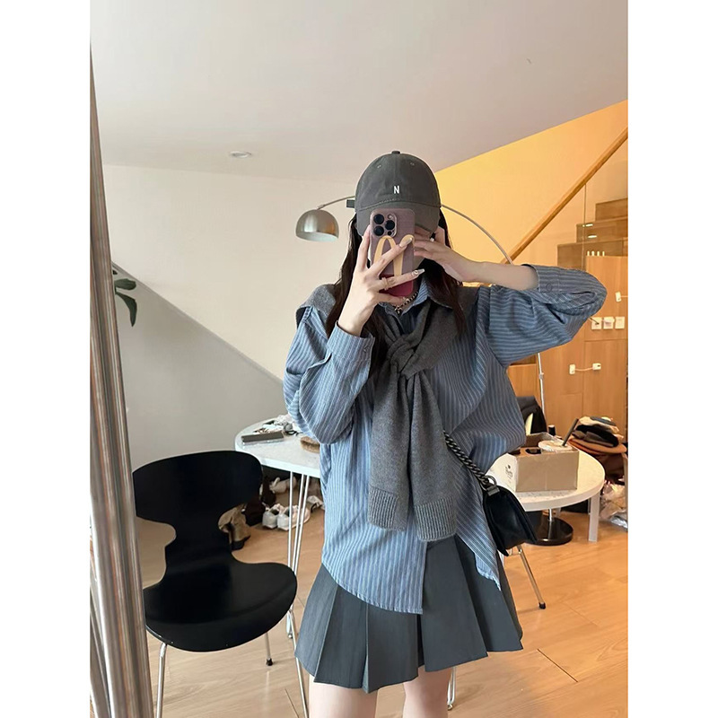 韩系通勤长袖条纹衬衫女装春夏设计感小众气质衬衣叠穿披肩两件套|undefined