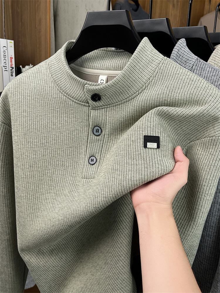 Áo nỉ nam cổ lọ len dệt kim lót lông cừu dày giữ ấm — màu đen chi tiết 16