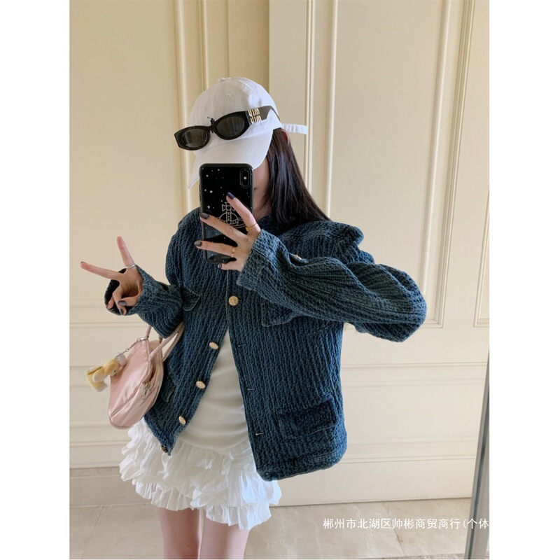 跨境牛仔小香风外套女装秋季宽松小众肌理感立领蓝色夹克百搭气质|undefined