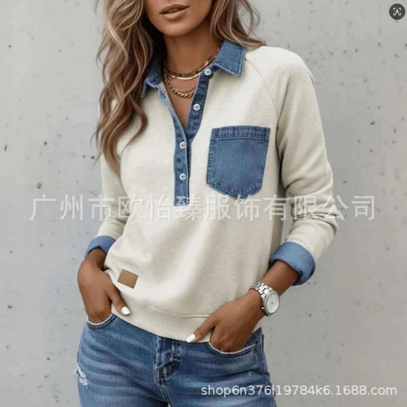 European and American independent site Amazon 2026 autumn new women's denim collar patchwork half-button loose pocket sweatshirt European and American independent site Amazon 2026 autumn new women's denim collar patchwork half-button loose pocket sweatshirt