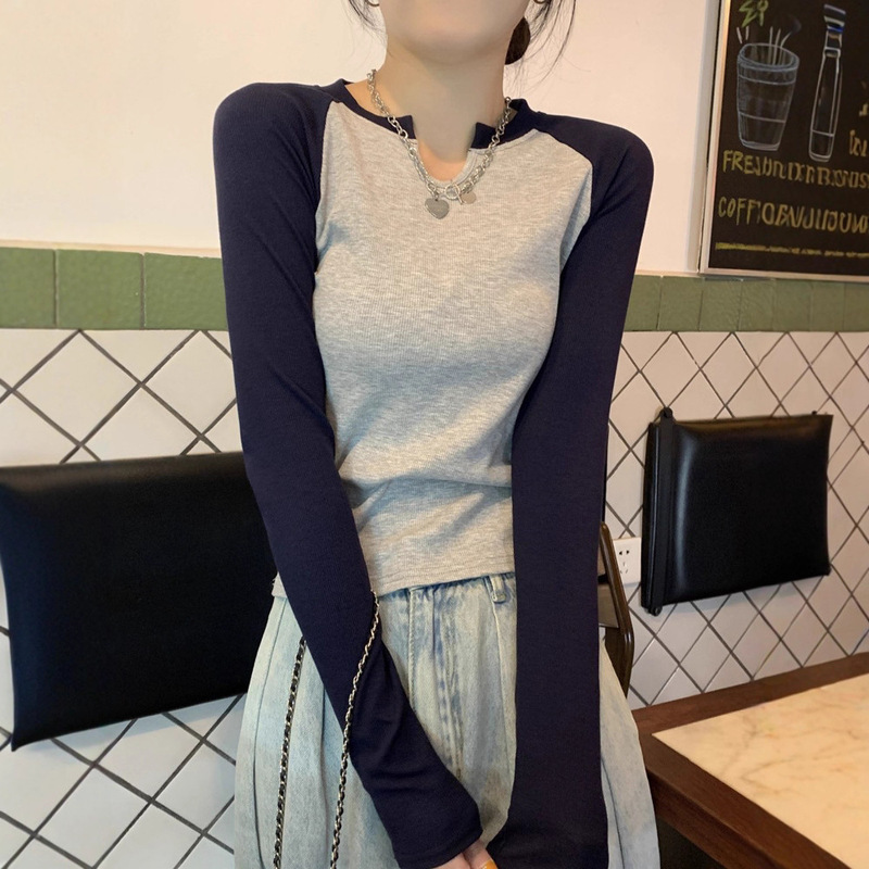 Pure Cotton Right Shoulder Small V-Neck Long-Sleeved T-Shirt for Women Spring & Fall 2025 New Slim Inner Layering Shirt Contrasting Raglan Top