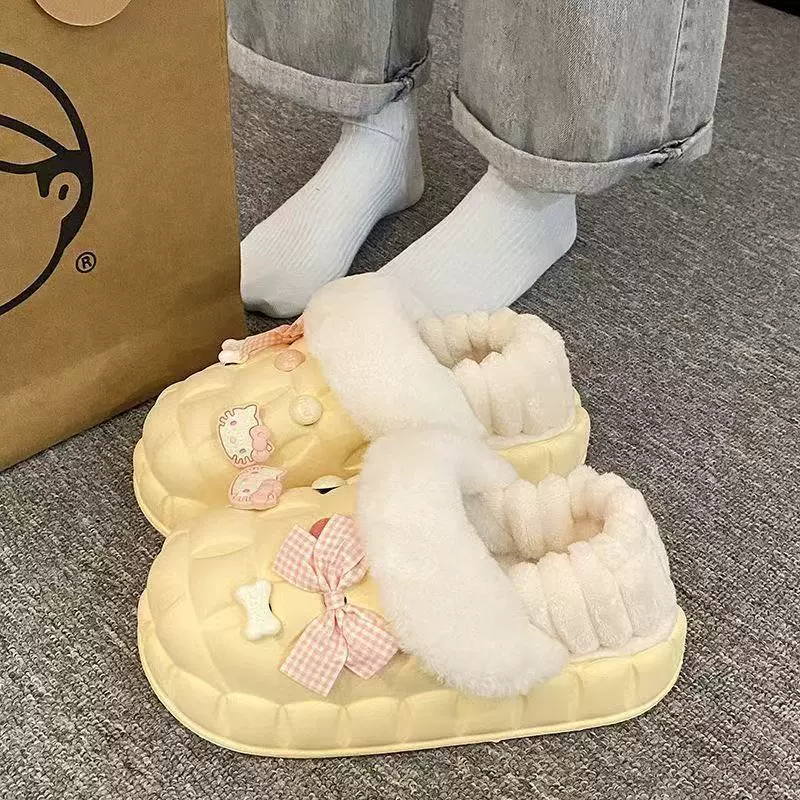厚底加绒包跟棉拖鞋女冬季防水学生可爱室内居家可拆卸保暖鞋女