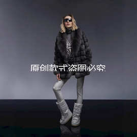 亚马逊新款仿水貂毛外套女翻领中长款休闲通勤欧美跨境仿皮草大衣