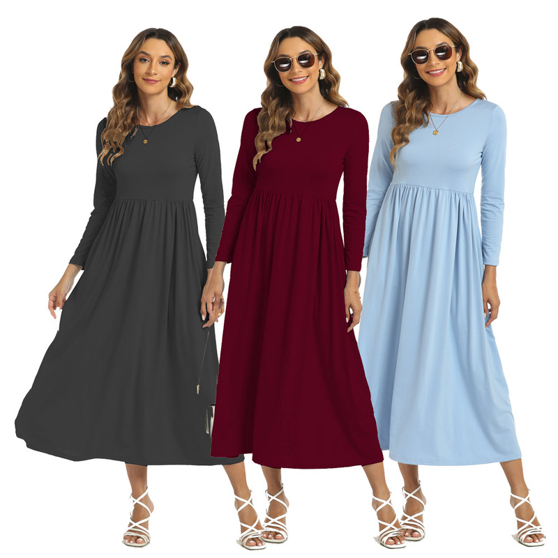 European and American Style Solid Color Dress for Women with Long Sleeves and Long Skirt