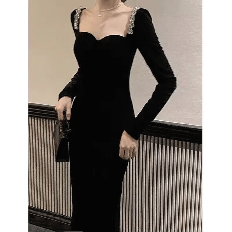 Temperament Goddess Style French Style Sexy Hip-Hugging Black Gold Velvet Dress Women's Autumn and Winter Long Skirt
