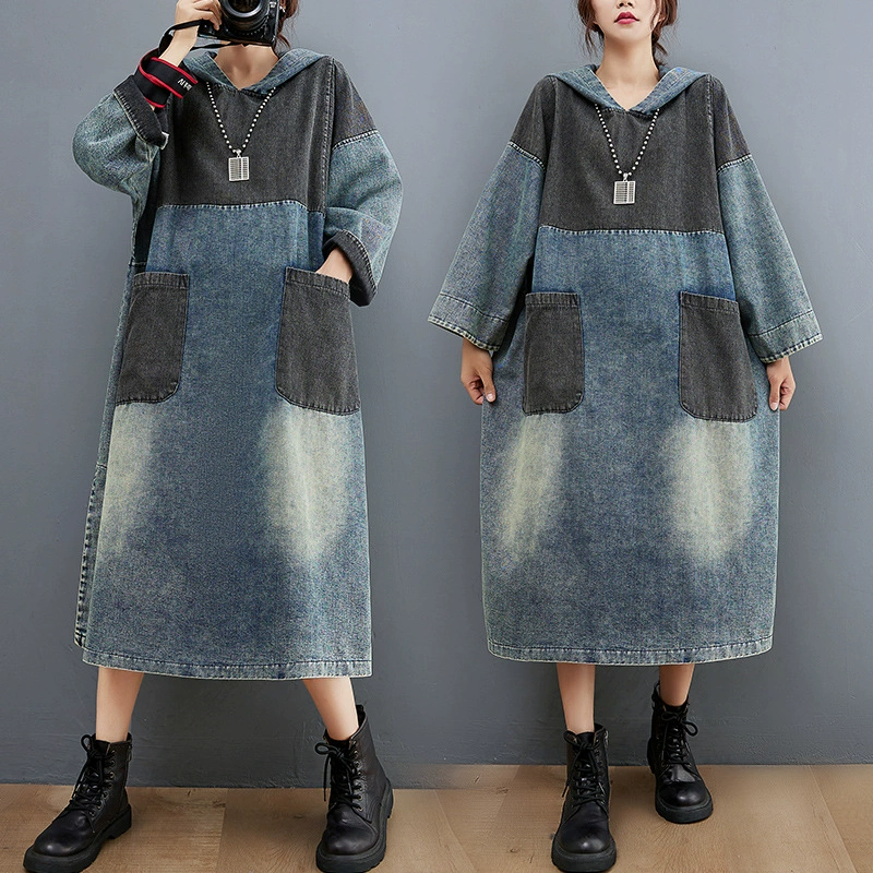 Реальный снимок в наличии, джинсовое платье средней длины с капюшоном контрастного цвета, Женская потертая белая Свободная юбка с разрезом
