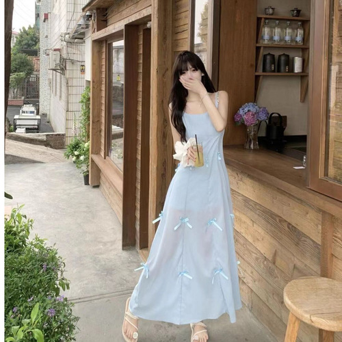 A Sweet Peony Butterfly Bow Medium-Length Strap Dress 2025 Slimming Waist Workover Dress