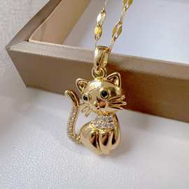 【铜微镶锆石】跨境欧美热卖黑眼猫咪吊坠项链精致小众设计感