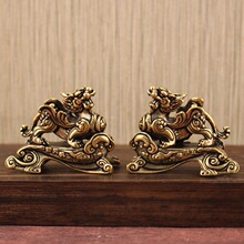 黄铜一帆风顺神兽麒麟玄关茶几小摆件装饰一对麒麟招财摆件装饰品