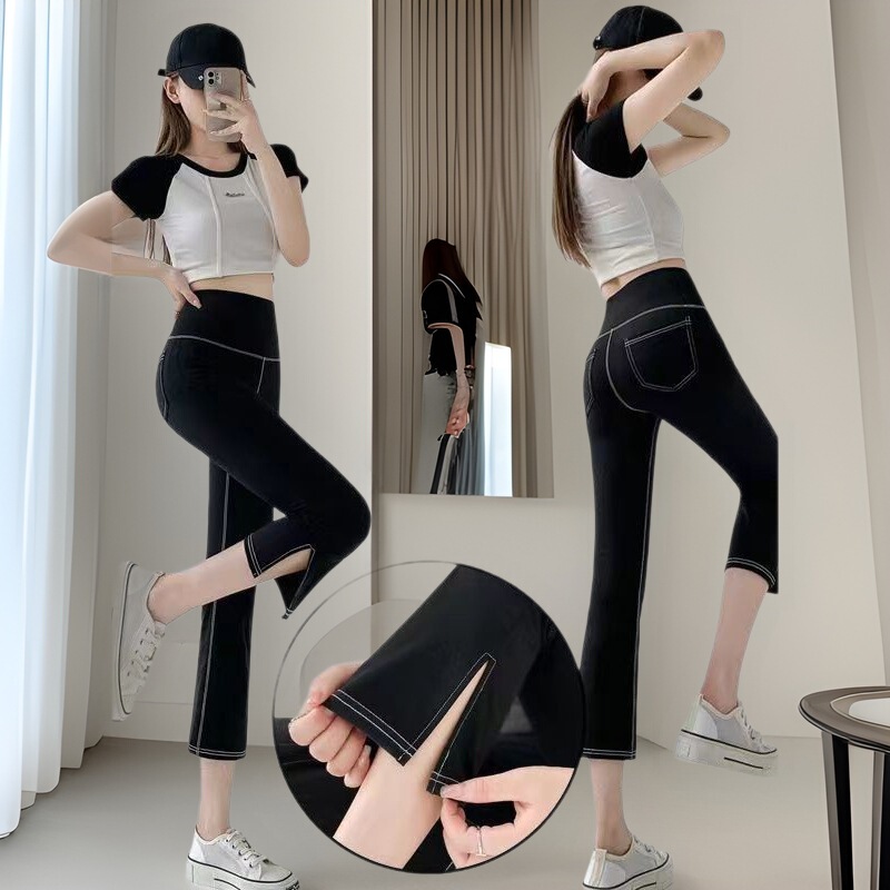 Women's summer faux denim shark pants with front slit, high-waisted, tummy control, butt-lifting, slimming, cropped length Women's summer faux denim shark pants with front slit, high-waisted, tummy control, butt-lifting, slimming, cropped length