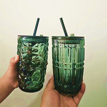 原料玻璃带盖墨绿钻纹晶纹大容量吸管杯鸡尾酒杯喝水杯高颜值水杯