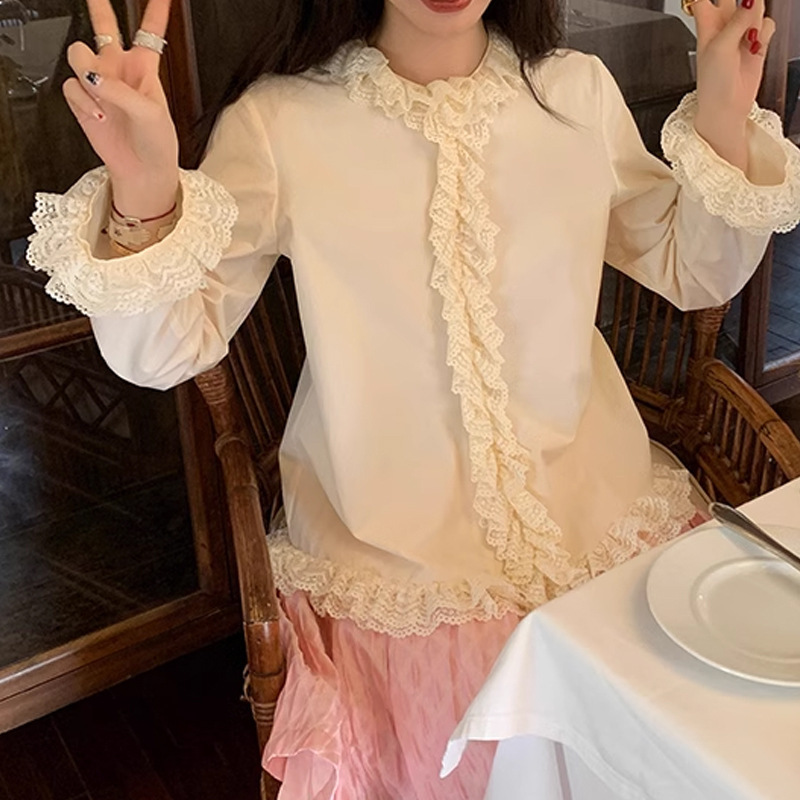Early Spring Romantic Floral French-Style Multi-Layer Lace Ruffle Collar Vintage Shirt 2026 New Model Shirt Top