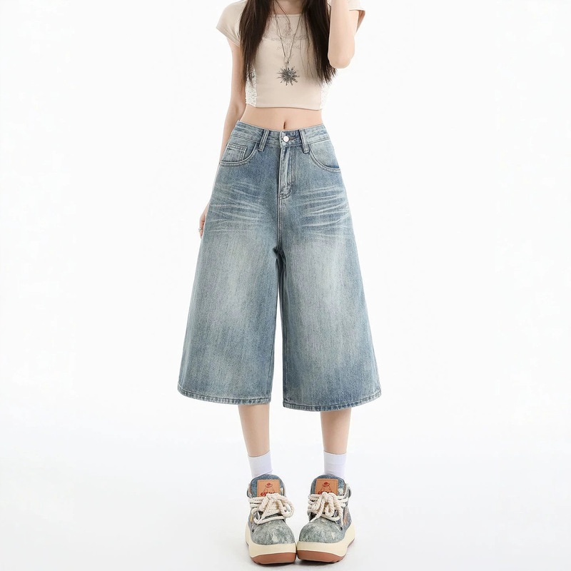 Women's Summer Loose-Fitting Slimming Denim Capri Pants, Petite Wide-Leg Mid-Length Jeans for Women
