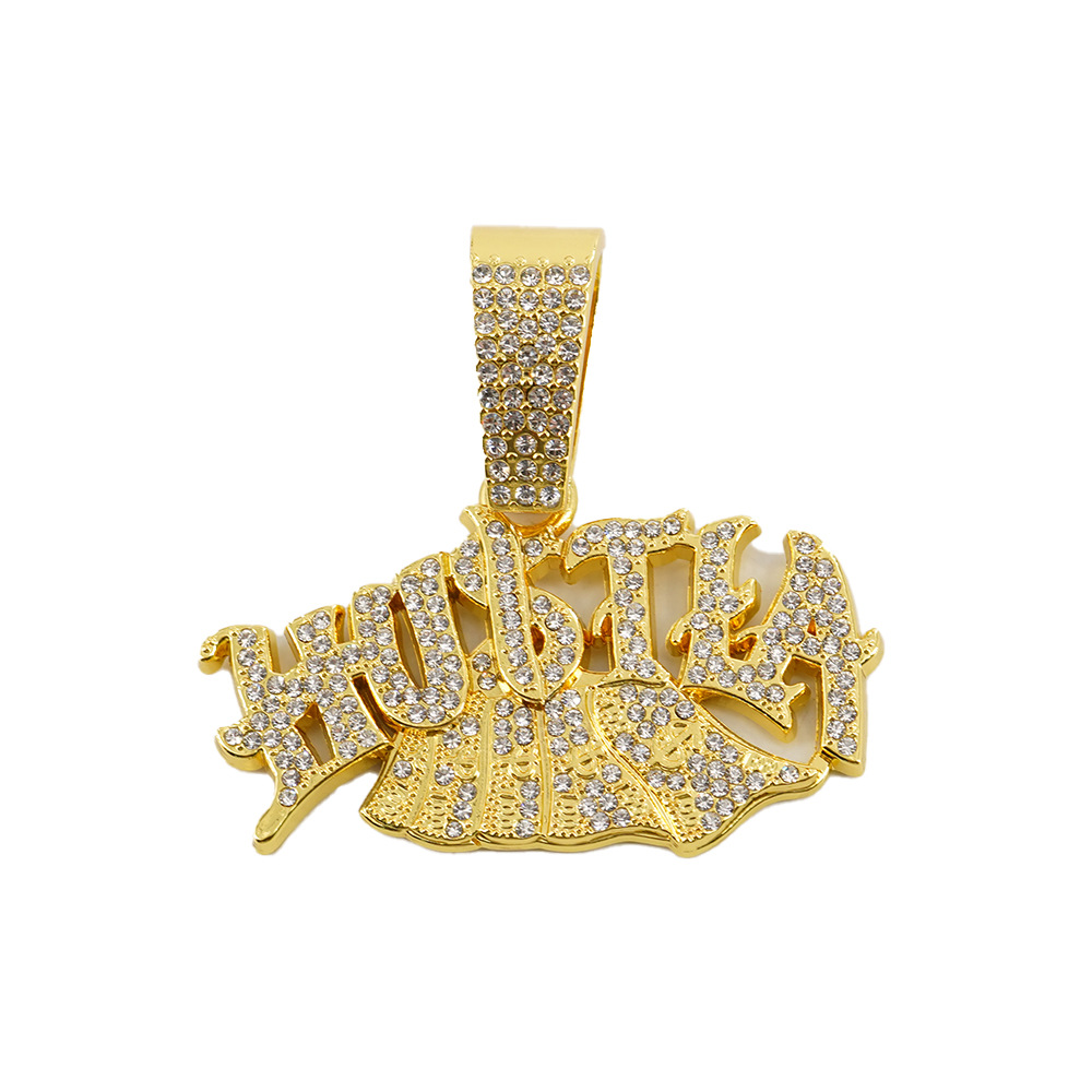 2025 nueva aleación con letras de diamantes completos Hustla colgante para hombres y mujeres moda hip-hop joyería con collar de giro de 5mm