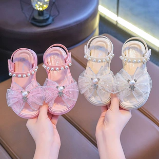 女童凉鞋新款2024夏季儿童软底魔术贴公主鞋蝴蝶结小中大童女孩夏