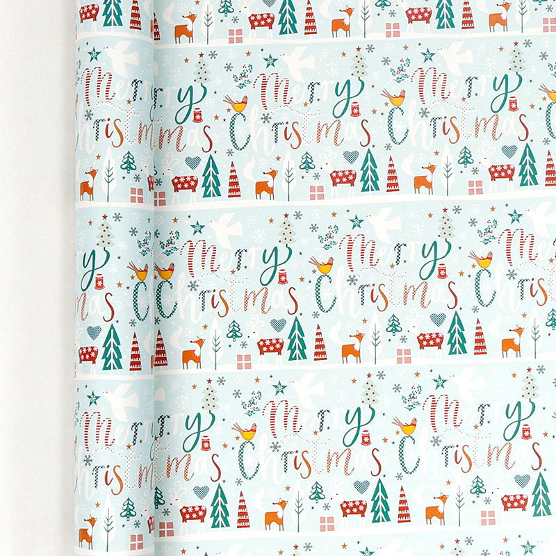Amazon venta caliente super volumen de papel de embalaje de regalos de Navidad soldados Lollipop multicolor ciervo papel de embalaje de rollo
