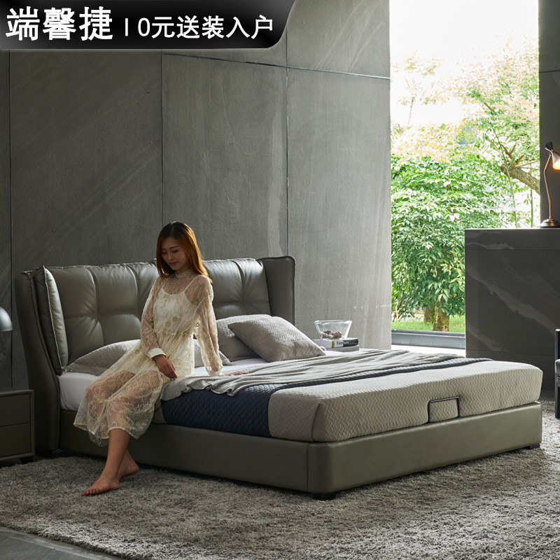 Moderno simple cama de cuero real cama doble 1,8 m pequeño apartamento dormitorio principal cama suave alta caja de almacenamiento cama integrada