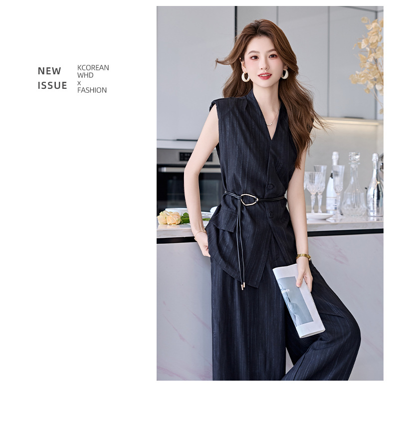 Bộ vest nữ không tay quần ống rộng cao cấp mùa hè 2025 – Áo khoác vest không tay kết hợp quần ống rộng hai mảnh HR1170 — Màu đen, Màu trắng be chi tiết 27