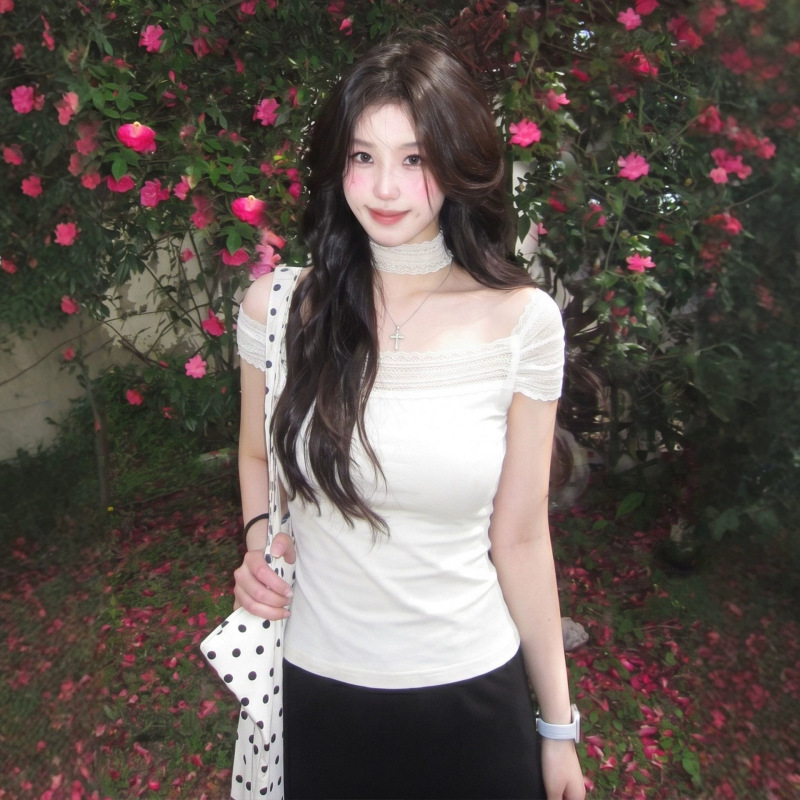 Pure Desire Style Lace Patchwork Off-Shoulder Short-Sleeve T-Shirt for Women, Summer White Slim-Fit Flattering Hot Girl Off-Shoulder Top Trendy