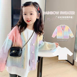 Girls' Sweater Autumn Gradient Cardigan Knitwear 2025 New Style for Young Children Rainbow Trendy Jacket Fashion