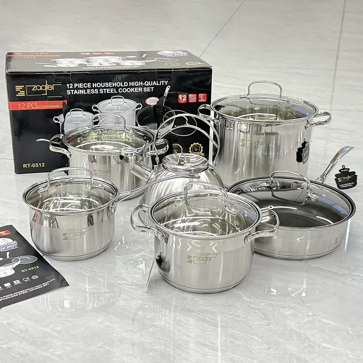 跨境出口不锈钢12 PCS套装锅水壶奶锅汤锅煎锅具礼品套装外贸厂家