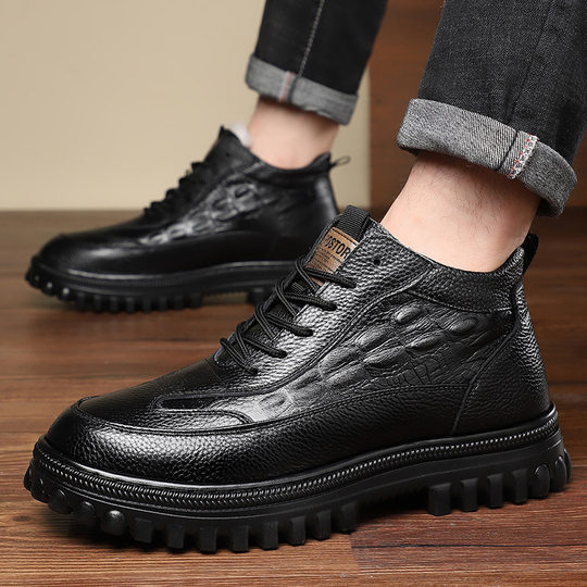 Winter cotton shoes men's new top layer cowhide northeast snow boots soft bottom casual thin belt high-top pure wool leather shoes