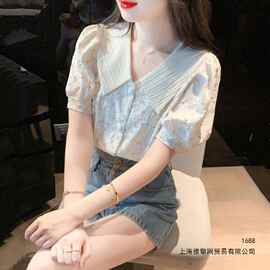 法式感v领雪纺正肩短袖T恤2026夏季新款大码女装碎花衬衫上衣