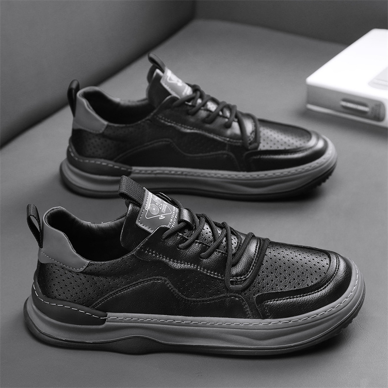 直播同款鏤空皮面板鞋戶外皮面防水工裝休閒運動男鞋學生潮鞋