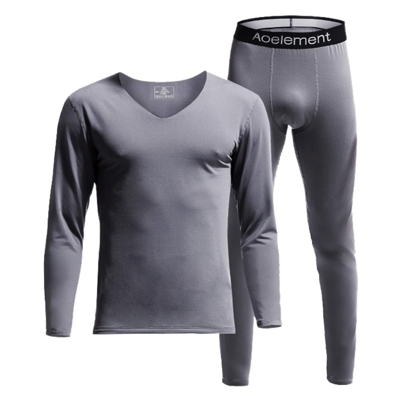 Ropa de otoño juvenil pantalones largos de color sólido de los hombres con cuello en V sin costuras de terciopelo Delgado engrosado de fondo ropa interior térmica traje de ventas directas de fábrica