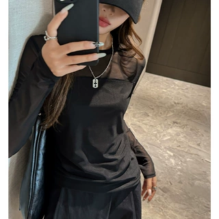 黑色网纱打底衫女2025秋季薄款显瘦内搭圆领辣妹长袖T恤上衣外穿