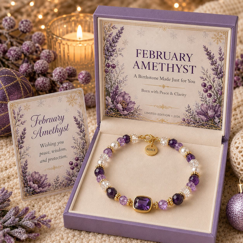 Birthday gift: Amethyst bracelet with faceted amethyst gemstones and a double pendant featuring a round charm; February amethyst bracelet Birthday gift: Amethyst bracelet with faceted amethyst gemstones and a double pendant featuring a round charm; February amethyst bracelet