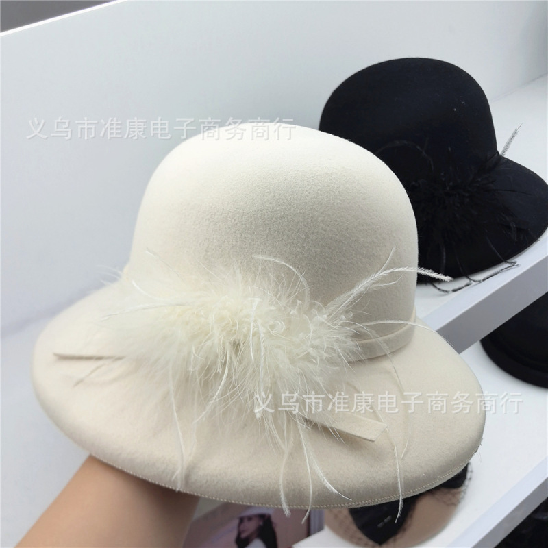 新款赫本风秋冬羊毛呢定型小礼帽女法式复古优雅羽毛装饰时尚帽子|undefined
