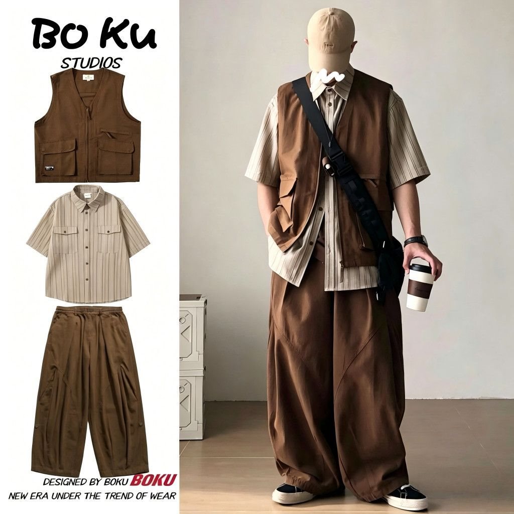 三件装/春夏季日系复古工装马甲男女宽松多口袋休闲宽松无袖外套