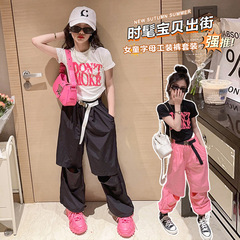 外貿批發女童套裝夏韓國潮童裝小女孩收腰露肚臍網紅少兒走秀潮服