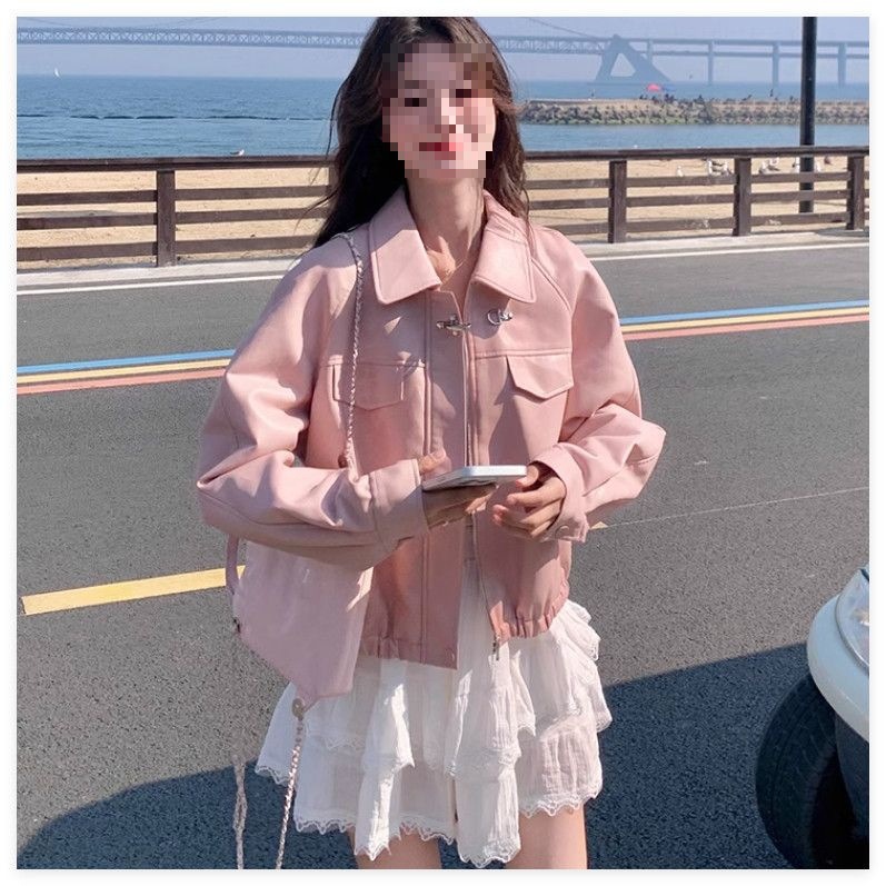 Women's New Leather Jacket for Spring and Autumn, Loose Fit, Petite Biker Style, Hong Kong Fashion, Versatile Pink