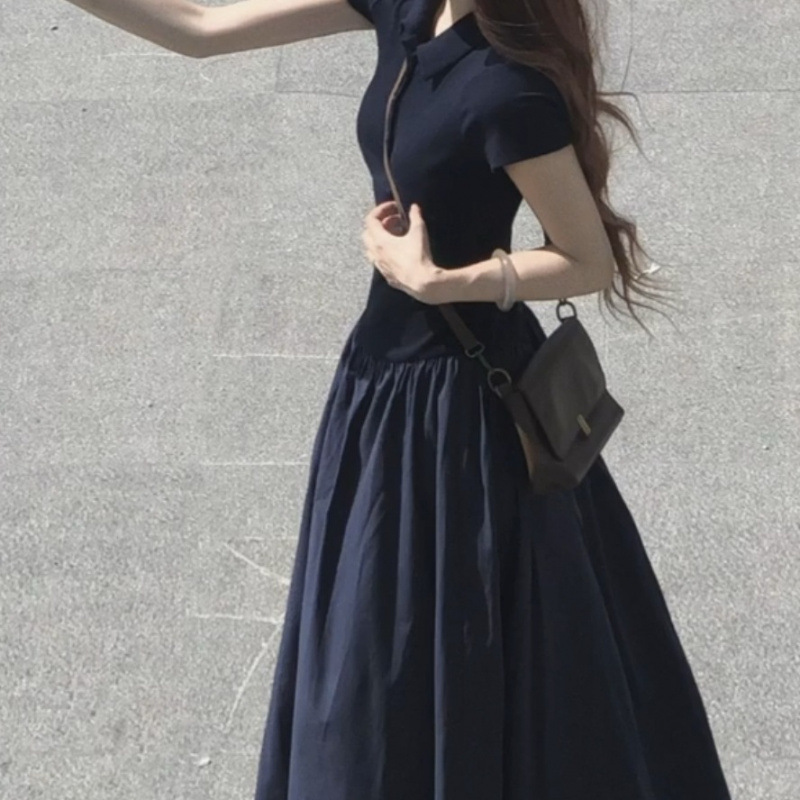 法式休闲慵懒拼接连衣裙女2025夏季短袖A字设计感温柔气质长裙子|undefined