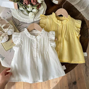 Girls' Summer Shirts Korean Style Baby Girl Pure Color Breathable Small Flying Sleeve Doll Shirt Girls Fashionable Versatile Tops Trendy