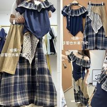 波西米亚复古一字肩格子短袖套装女学生夏季新款蕾丝半身裙两件套