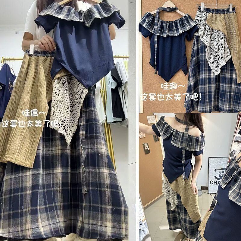 波西米亚复古一字肩格子短袖套装女学生夏季新款蕾丝半身裙两件套