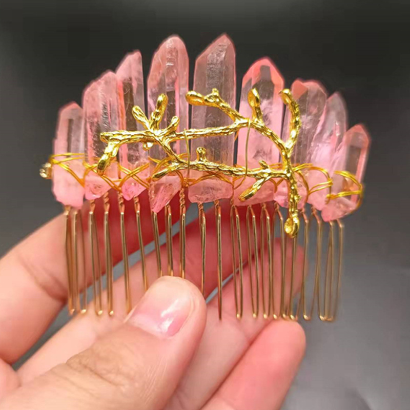라이트 핑크 크리스탈 + 황금 머리 빗 황금 가지