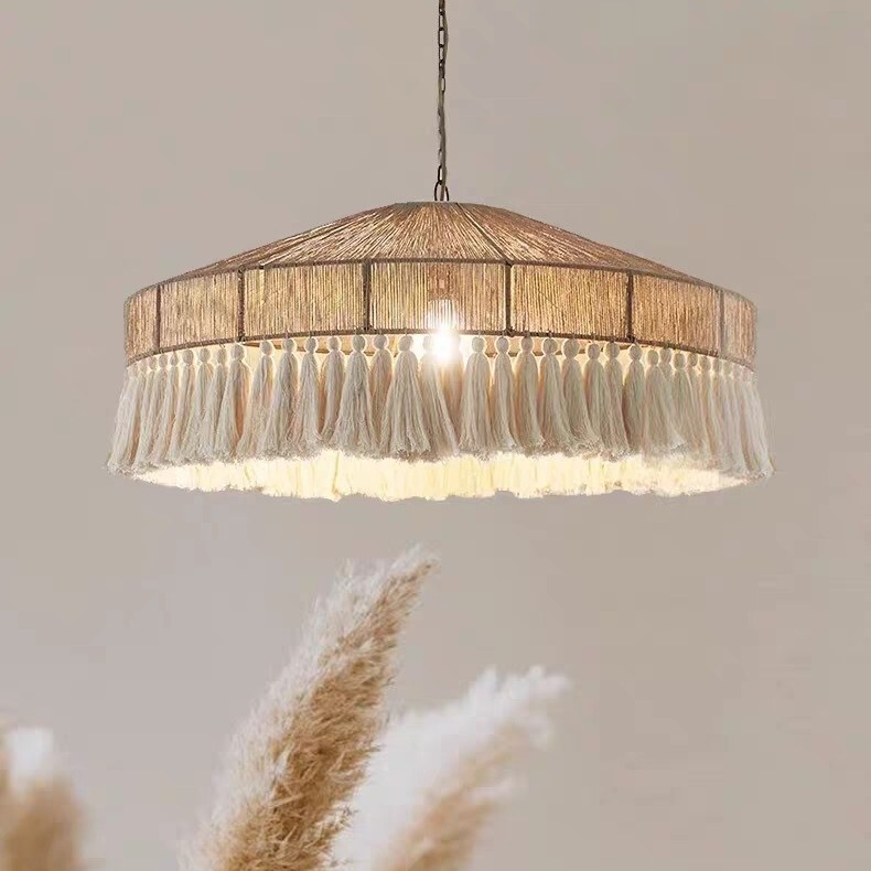 Bohemian vintage hemp rope tassel chandelier creative cream wind bedroom dining room lamp ceiling lamp-quiet wind lamps