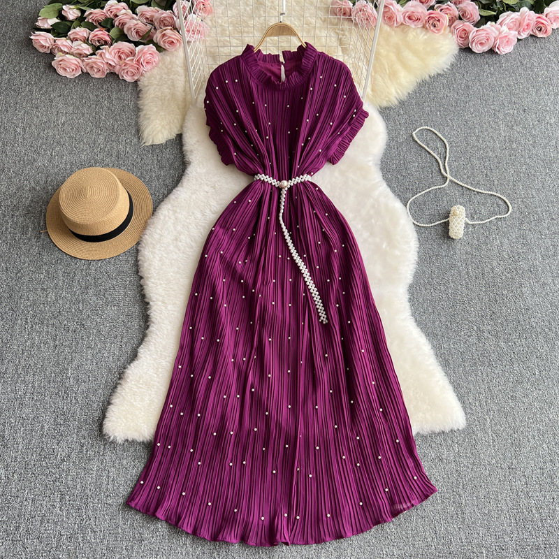 Women's Clothing Heavy Beaded Round Neck Dress Waist Slimming Pleated Elegant Dress Long Skirt_ecoleips.com