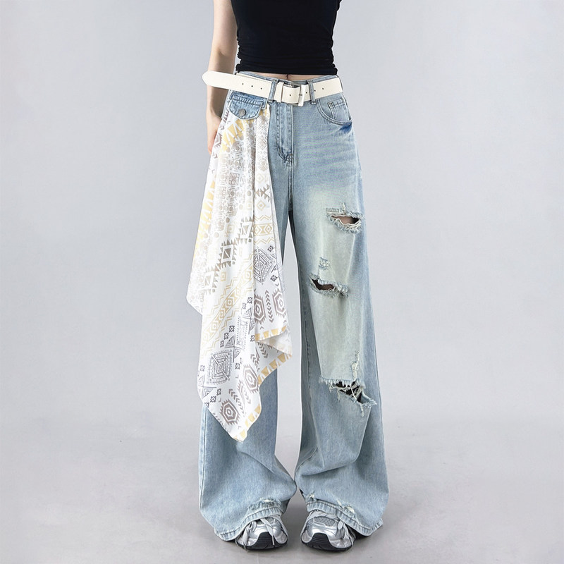 American-style high-street distressed, vintage-washed straight-leg jeans for women, fashionable, loose-fitting, casual, and slimming wide-leg pants