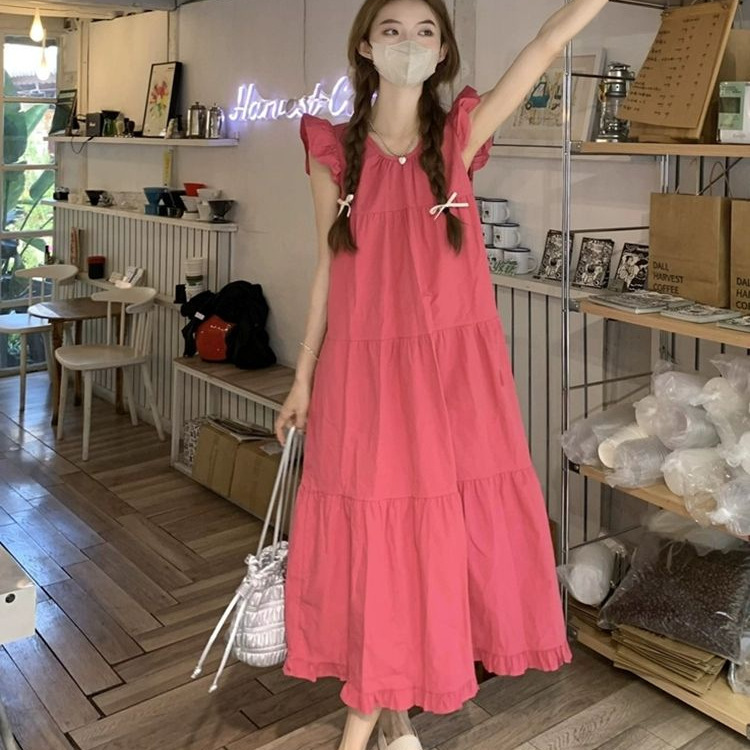 Dopamine Rose Red Suspender Dress for Women, New Spring and Summer Style, Beach Vacation Long Dress, Petite Dress