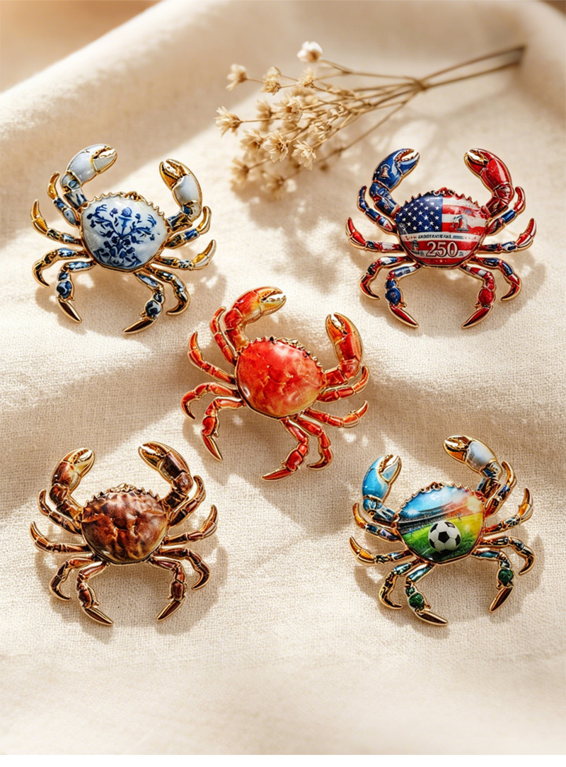 Eco-friendly crab brooch, 5 enamel pins, football, stars and stripes, blue and white porcelain themed accessories