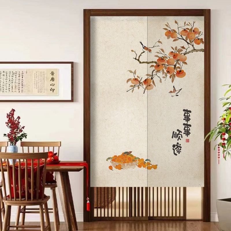 Chinese-Style Door Curtain Partition Curtain, No-Drill Household Bedroom Privacy Half Curtain Fabric for Blocking Toilet, Living Room, Bathroom Hanging Curtain