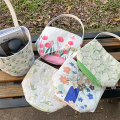 Floral illustration cute bucket-type tote canvas bag, girl's heart, stroller mom's bag, lunch bag, office small handbag
