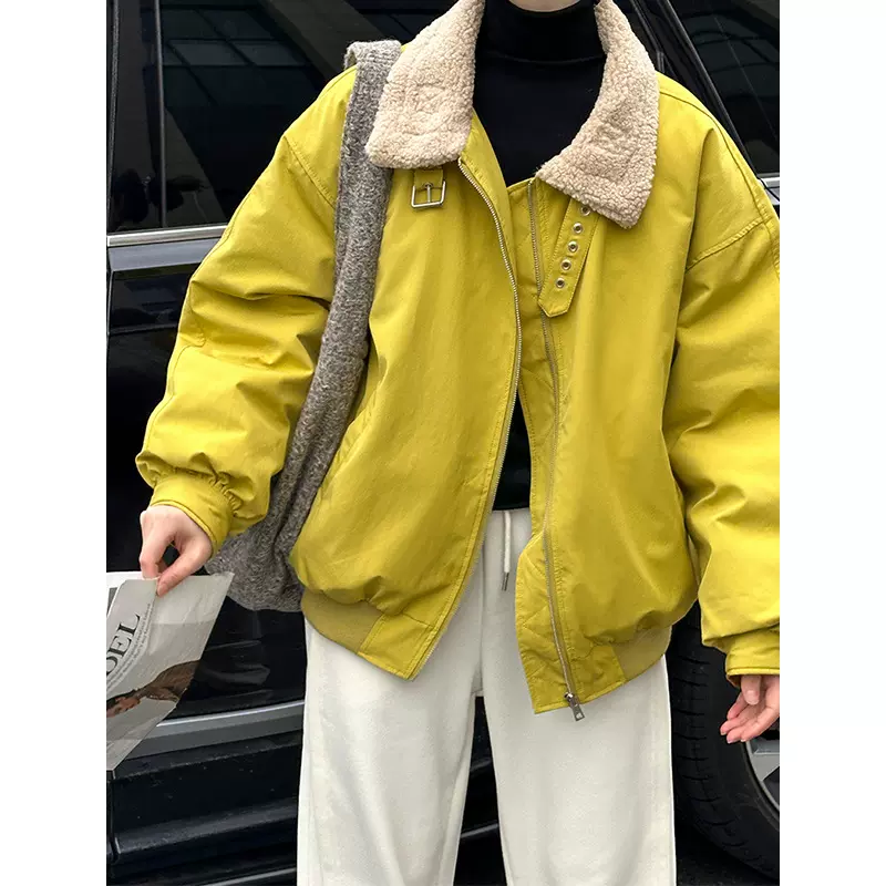 橘芷2024秋冬季新款韩版拼接羊羔毛翻领加厚保暖白鸭绒棉服820-2